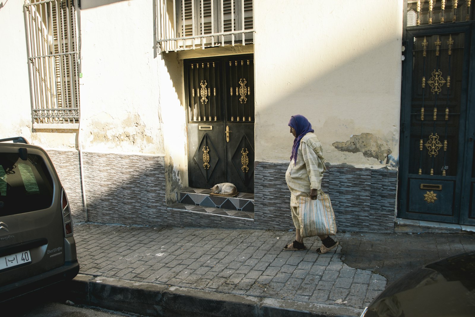 Woman walks past a building with a dog